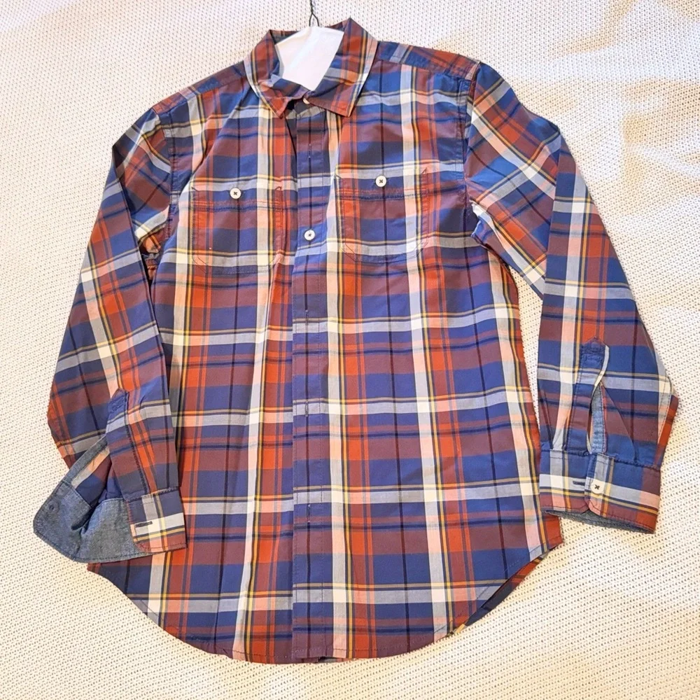 TUCKER + TATE Boys Tartan Plaid Button Down Shirt Navy Blue Rust Orange White - Picture 2 of 8
